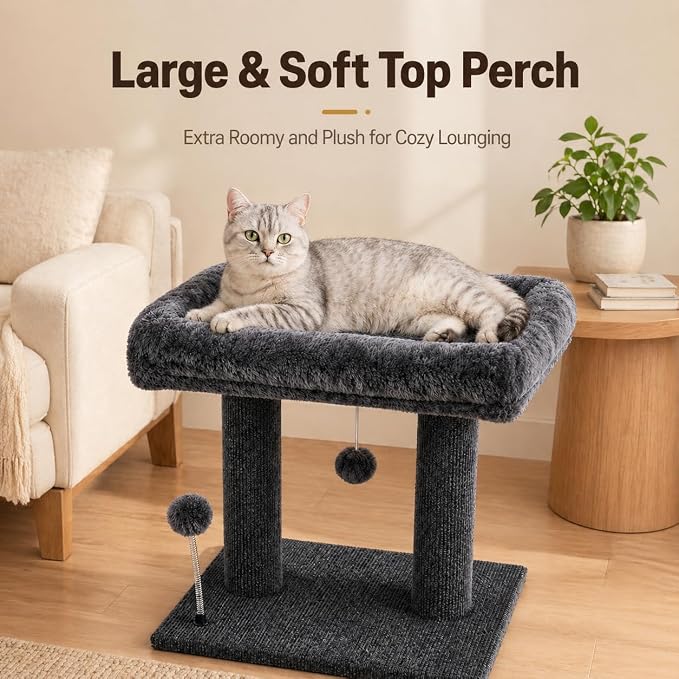 Small Cat Tree with Large Top Perch for Indoor Cats, Grey | Carpeted Scratching Post | Soft Plush Bed | Furniture Protecter | Small Cat Tower | Replacement Toy Balls | Space-Saving - Image 2
