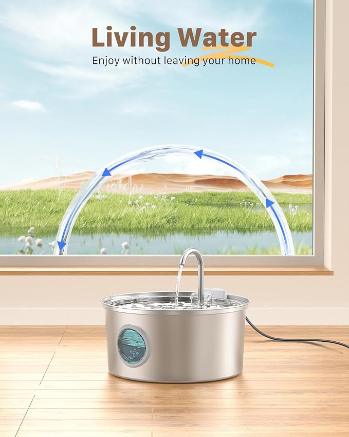 Stainless Steel Cat Fountain - 108oz/3.2L Pet Fountain for Cats Indoor - Quiet - Contains 8 Filters + 8 Sponges - Image 2