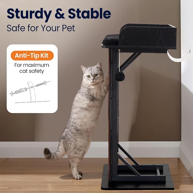 Modern Wood Cat Tree Tower for Indoor Large Adult Cats with Big Perch Bed | 33.8in Tall Wooden Cat Trees with Platform, Cat Scratching Pads, Washable Cushions, Cat Furniture for Window, Rustic Black - Image 8