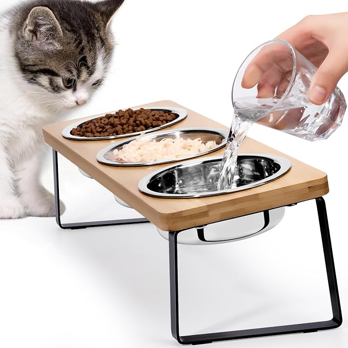 Elevated Cat Food Bowl Set for Indoor Cats, 3 Raised Water Bowl for Kitten | Whisker Friendly, Anti Vomit, Feeding Station for Puppy, Stainless Steel, Pet Dish, Easy Assembly, Bamboo, Dishwasher Safe by Loplurea