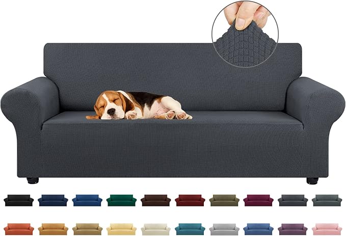 KEKUOU Stretch Couch Covers for Sofa, 3 Cushion Couch Slipcover,Charcoal | 1-Piece Washable Sofa Cover Pet Friendly(78"-94") Furniture Protector Soft Jacquard, Elastic Bottom for Dogs & Kids by KEKUOU