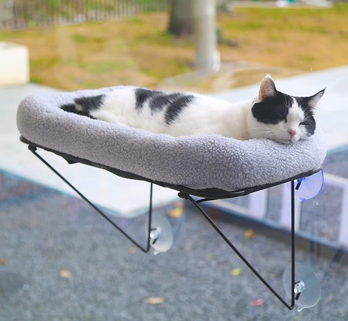 Zakkart Cat Window Perch - 100% Metal Supported from Below - Comes with Warm Spacious Pet Bed - Cat Window Hammock for Large Cats & Kittens - for Sunbathing, Napping & Overlooking (Grey) by Zakkart