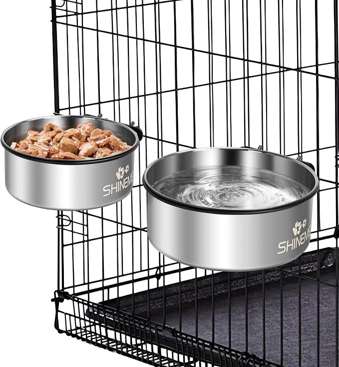 Kennel Bowls Mountable in Crate Kennel Cage (6.2x2.6” & 5.5x2.4”) | 34oz & 25oz Stainless Steel Dogs Bowls, Dog Food and Water Bowl for Dog Crate, 2 Pack, Silver by ShineMe