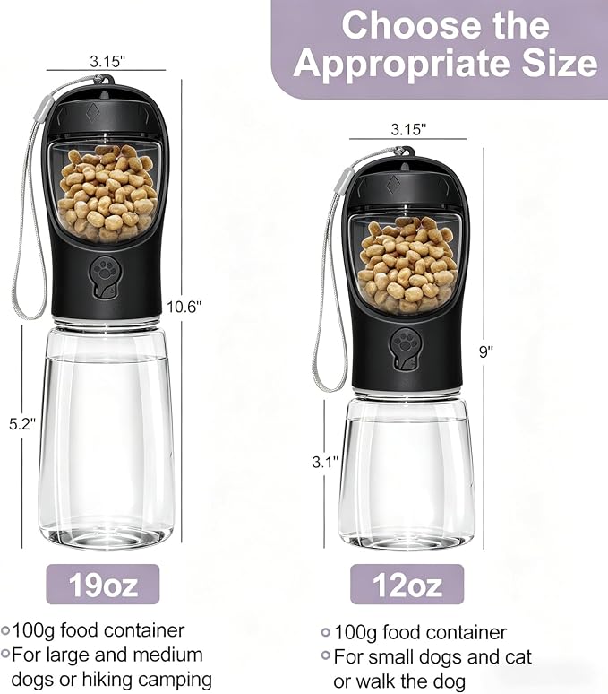 Portable Dog Water Bottle with Food Container, Drinking Bottle for Travel | 2 in 1 Dog Water Bowl, Leak Proof Pet Water Dispenser, BPA Free, Puppy Essentials, for Walking Hiking (Black,12oz) - Image 3