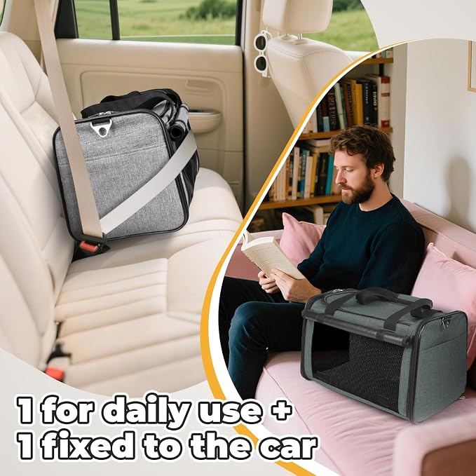 YUDODO 2 Packs 25 lbs Soft Sided Pet Carrier for Large Cat & Small Dog | Airline Approved, Lightproof Breathable Design, Side Pockets, Durable Mesh, Foldable and Portable, Grey+Grey green - Image 7
