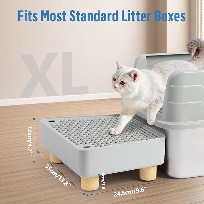 Extra Large Cat Litter Box Step Ramp, Cat's Litter Catcher Mat with Wooden Feet, Filter Function, Pedal Stool for Self-Cleaning Cat Litter Box, Ideal for Kitten & Elderly Cats (Light Grey) - Image 2