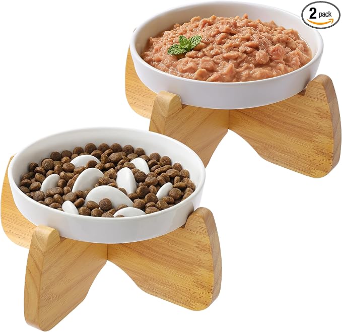 Raised Ceramic Cat Bowls 6.3" Flat & Slow Feeder Bowl (One of Each) | Anti-Gulping & Keep Fit, Water Bowl & Food Bowl, Dishwasher Safe, Neck Protective, Anti Whisker Fatigue by GUWINA