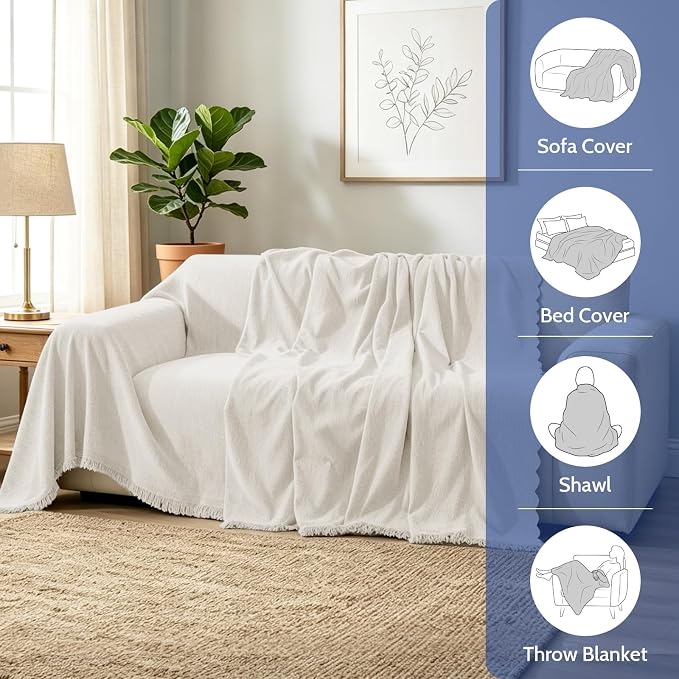 Chenille Couch Cover for Dogs Washable Boho Throw Blanket Washable | 71"×102",Beige White, Soft Chenille, Tassel Design, Pet Friendly, Furniture Protector, for Couch, Sofa, Bed, Living Room - Image 7