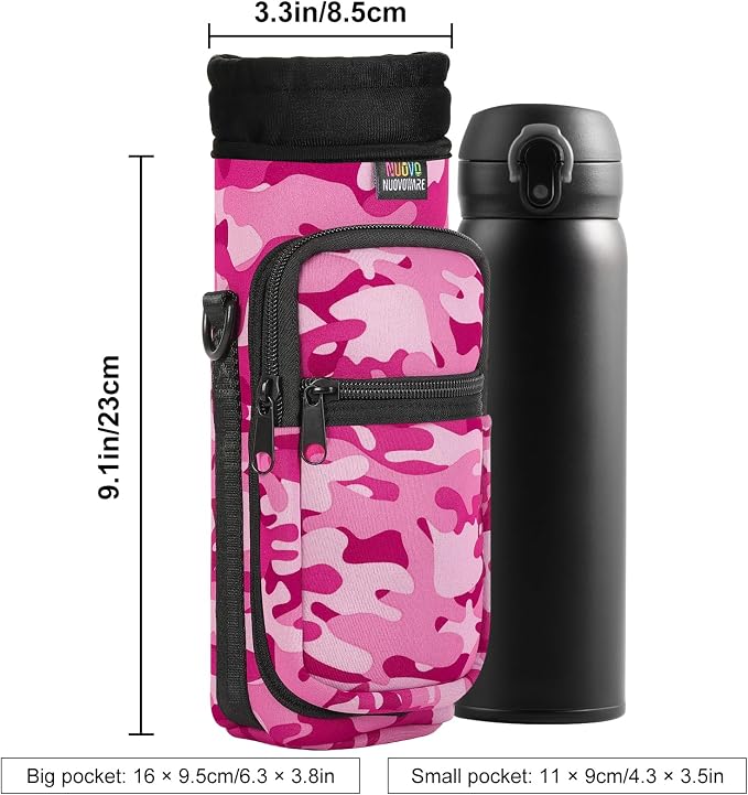Nuovoware Water Bottle Carrier Bag, 25oz/32oz, Camouflage Pink | Adjustable Shoulder Hand Strap, 2 Pocket, Neoprene Sleeve, For Hiking Travelling Camping - Image 4