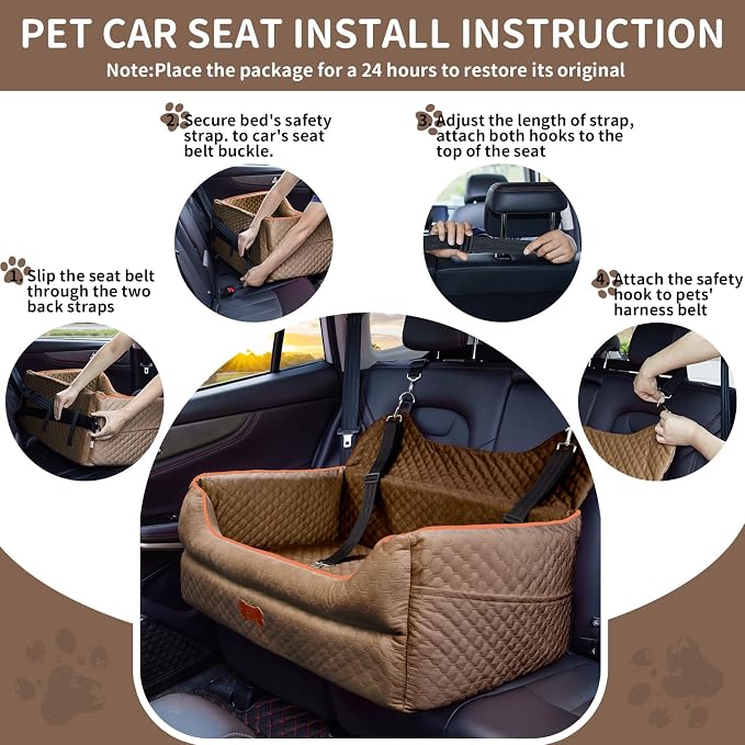 Dog Car Seat for Medium & Large Dogs Up to 55 lbs or 2 Small Dogs, Brown | Memory Foam Elevated Booster Seat with Safety Belts, 4-Inch Thick Cushion, Storage Pockets and Removable Washable Cover - Image 6