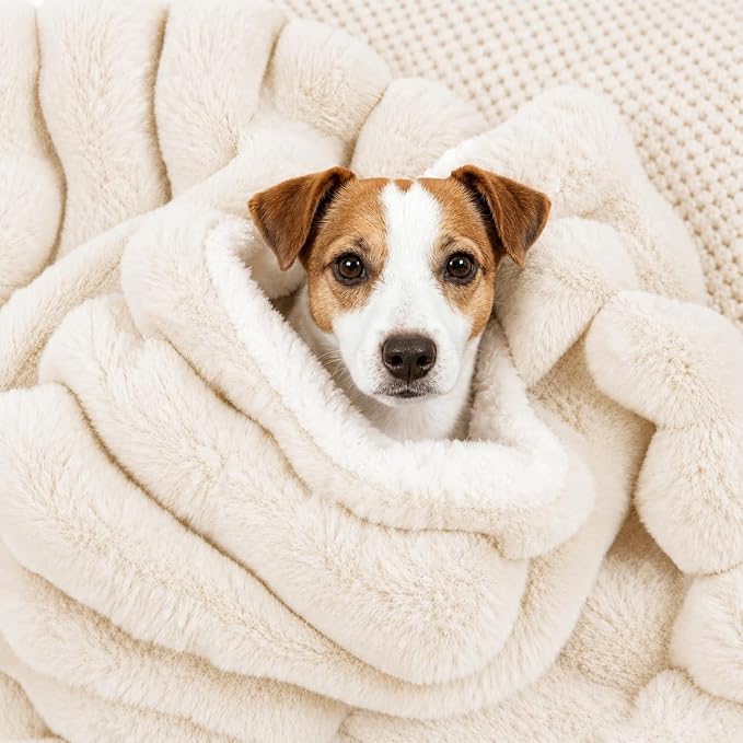 Dog Blanket for Small Dogs, Soft Rabbit Fur Puppy Blanket 25x35 White | Nodarko Double-Sided 600GSM Rabbit Fur & Fleece Dog Blanket, Washable Pet Blanket for Couch, Crate & Car Seat by NODARKO