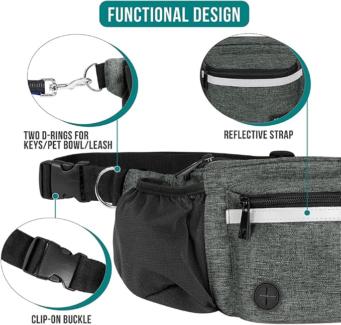 PetAmi Dog Fanny Pack, Treat Pouch for Dog Walking Training, Dark Gray | Built in Poop Bag Dispenser, Water Bottle Holder, Collapsible Bowl, Pet Treat Waist Belt for Hiking Running Kibbles - Image 4