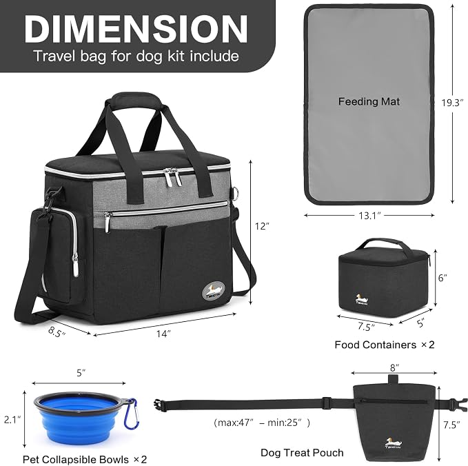 Dog Travel Bag for Pet Kit for Supplies with 2 Food Storage Containers 2 Collapsible Bowls 1 Feeding Mat 1 Dog Treat Pouch 7-Piece Set Perfect Road Trips Camping Weekend (Black) - Image 6