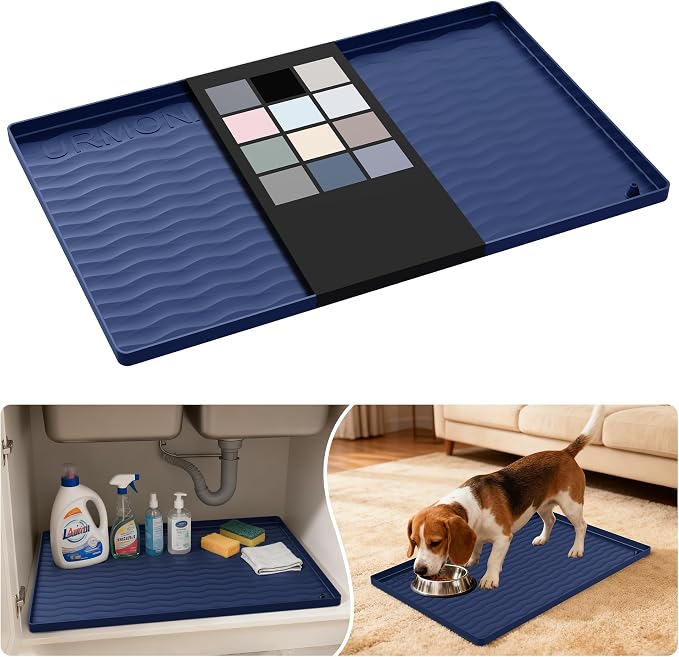 URMONA Waterproof Silicone Under Sink Mat 22'' x 14'' Shelf Liner for Kitchen and Bathroom, Cabinet and Counter Protector, Storage and Organizers, Litter Mat, Pet Cat Puppy Essentials(Navy) by URMONA