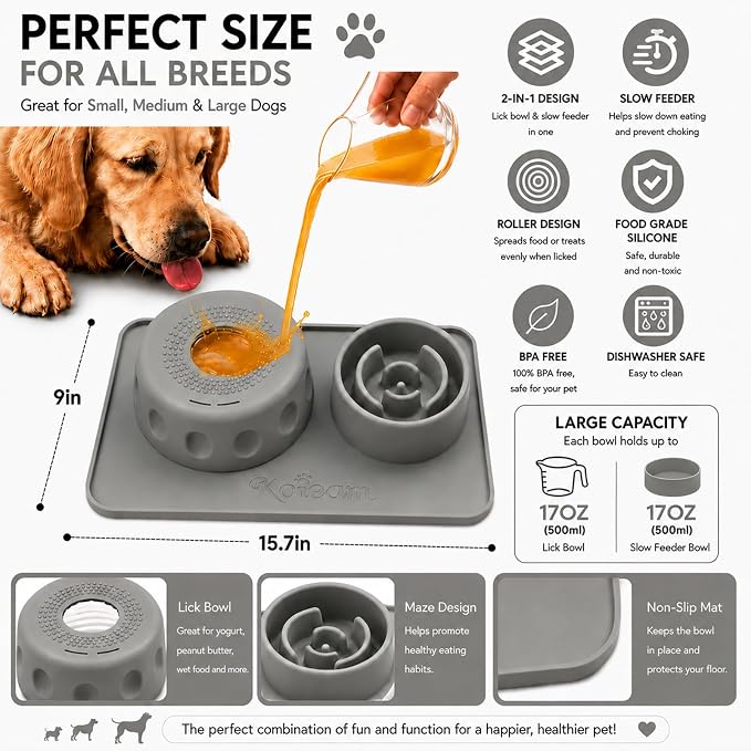 2 in 1 Silicone Slow Feeder Dog Bowl & Lick Bowl,Pet Feeding Bowl | Food Grade Silicone for Slow Eating, Anxiety Relief & Mental Stimulation, Non-Slip Dog and Cat Bowl - Image 2