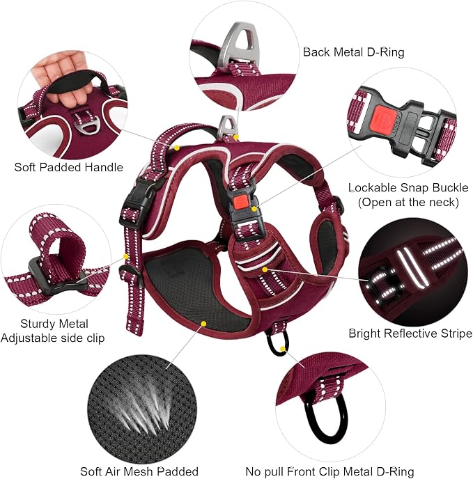 Timos Dog Harness, Front Clip No Pull Medium Sized with Handle, Burgundy, M | No Choke, Adjustable Reflective Soft Padded, Quick Release 3 Buckles, Easy On & Off, Front & Back 2 Clips for Outdoor Walking - Image 4