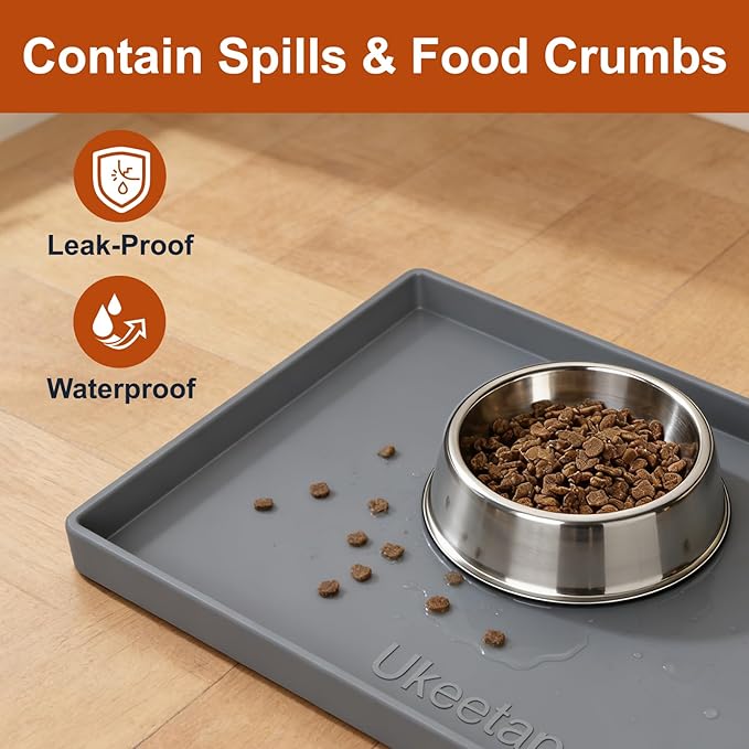19" x 12" Extra Thick Silicone Mat Waterproof with Raised Edge, Gray | BPA-Free Non-Slip Dog & Cat Food Mat, Feeding Mat for Food and Water Bowls, Spill Proof Mat to Protect Floors - Image 3