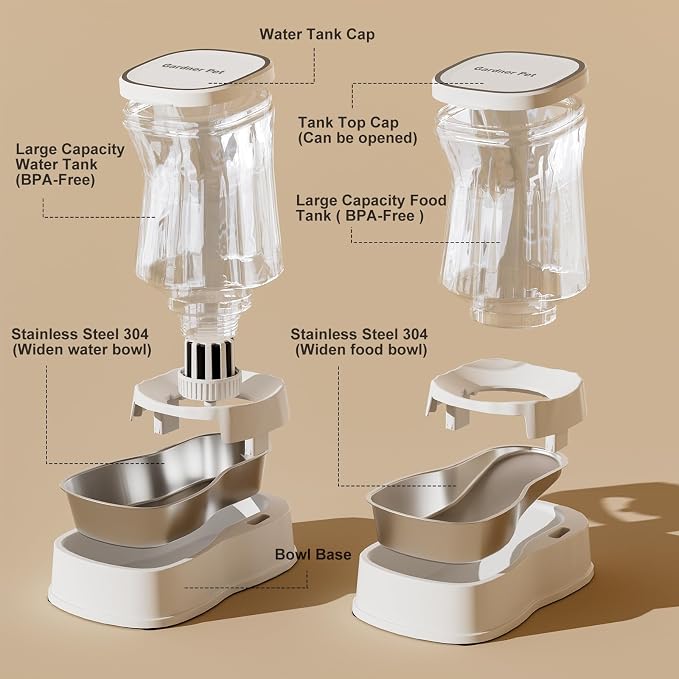 Automatic Pets Gravity Feeder and Water Dispenser Set, 1Gallon x 2 Stainless Steel Food Feeder and Waterer, 100% BPA-Free Water Bowl Dispenser for Small&Medium Dogs, Cats, Puppies(White) - Image 5