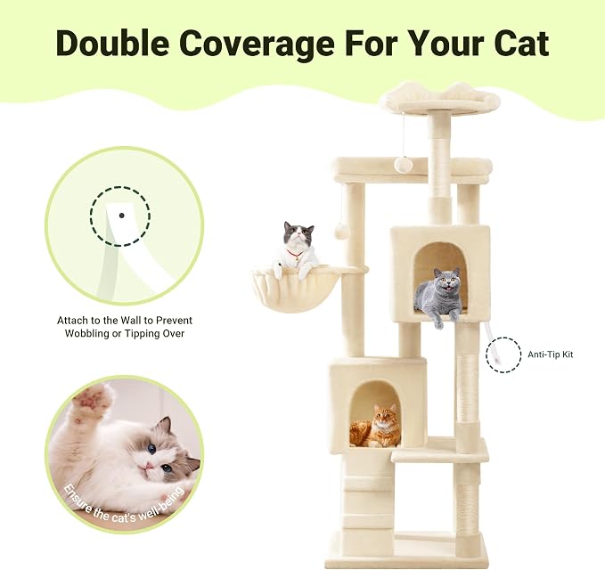 Allewie 64 Inches Multi-Level Cat Tree Tower for Indoor Cats, Beige | Activity Center for Big Felines, 2 Plush Condos, 2 Perches, Cozy Basket, House, Sisal Scratching Posts, Hanging Cat Toys - Image 7