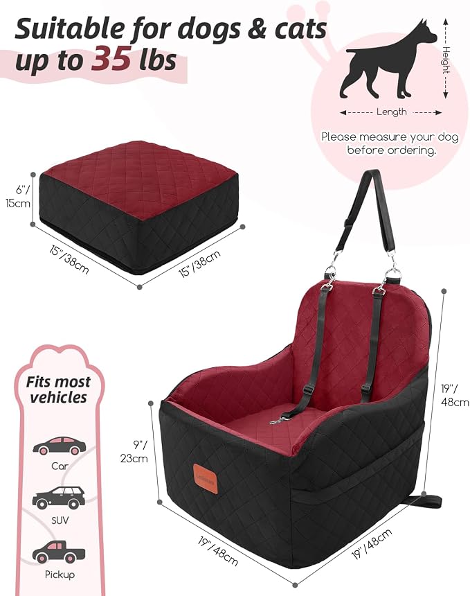Lealchum Dog Booster Car Seat for Small/Medium Dogs,Puppy Portable Car Bed with Elevated Cushion,Fully Detachable and Washable,2 Storage Pockets,Easy to Install (Blakc/Red, Medium) - Image 2