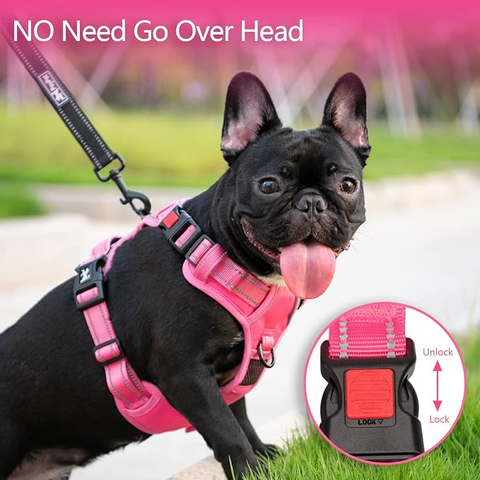 PoyPet No Pull Dog Harness, Reflective Vest with 2 Leash Clips & Handle | Lockable Neck Release Buckle, No Choke, Adjustable, Soft Padded, for Walking Training, Pink Matching Trim, X-Small - Image 2