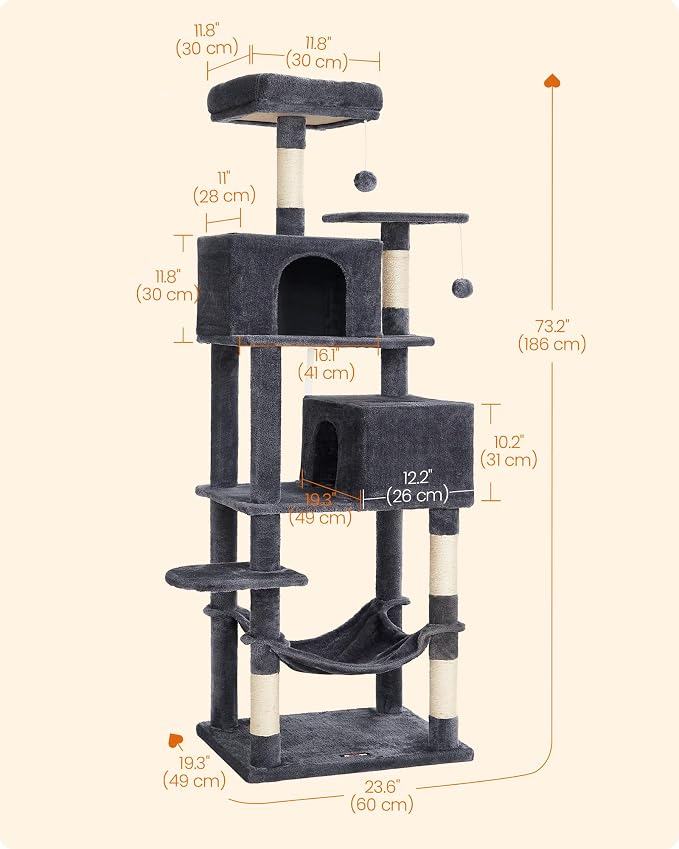 Feandrea Cat Tree, 73.2-Inch Tall Cat Tower, Plush Multi-Level Condo with 5 Scratching Posts, 2 Perches, 2 Caves, Hammock, 2 Pompoms, Smoky Gray UPCT191G01 - Image 6