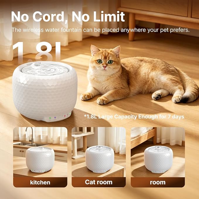 Red Dot Award Wireless Cat Water Fountain 1.8L/60oz, 145° Sensor Fountain with 5000mAh Battery, Silent Pump, Water-Electric Separation & Low Water Auto Shut Off for Cats Dogs - Image 2