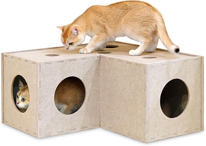PETKARAY Cat Tunnel, Original Cat Hideaway Cave for Indoor Cats, Large Kitten Play Tubes and Tunnels, Soft Felt Cat Toy with Interactive Peek Hole, Beige L Shape by PETKARAY