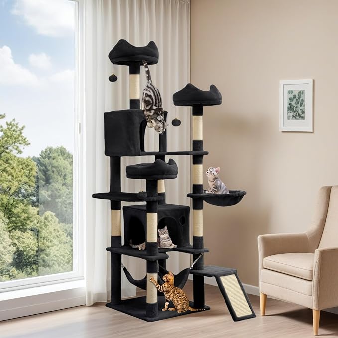 YITAHOME 75-Inch Tall Cat Tree Indoor | Multi-Level Cat Tower with Kitty Condos, Top Perches, Sisal Ramp, Scratching Posts & Cozy Basket Hammocks, Black by YITAHOME