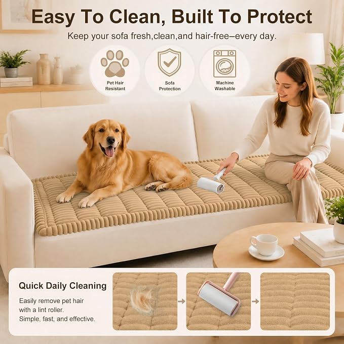 decorUhome Couch Cover for Dogs, Non Slip Fuzzy Thick Pet Sofa Protector | Pet Friendly, Machine Washable, Fits 3-Cushion Sofa, Protects Against Pet Hair & Daily Messes, Camel, 27.6" x 70.9" - Image 4