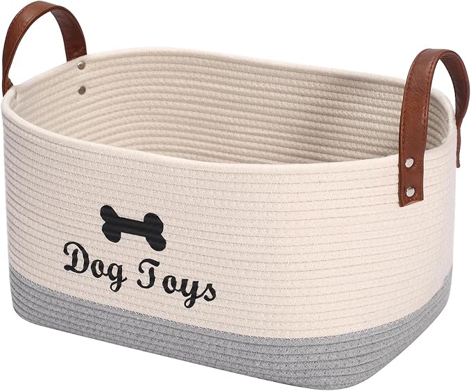 Geyecete X-Large Cotton Rope Dog Basket with Leather handle Blanket Storage Basket Decorative Clothes Hamper Basket | Extra Large Baskets for Blankets or Laundry-Beige/Gray by Geyecete