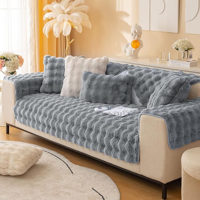 Faux Fur Couch Covers for Sofa Thick Fuzzy Sofa Covers for Dogs | Soft Warm Couch Cover Shaggy Fuzzy Sectional Sofa Cover Non-Slip Plush Sofa Slipcover Furniture Protector - Image 3