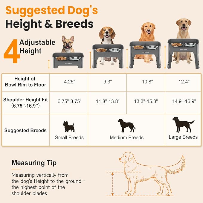URPOWER Mess Proof Elevated Dog Bowls, Splash Guard Raised Bowl Stand | 4 Adjustable Heights, 2 Stainless Steel Bowls, Food & Water Separation, Foldable Design Non-Slip for Small Medium Large Dogs - Image 9