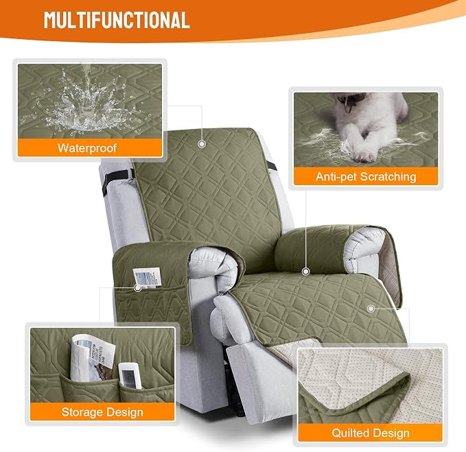 VANSOFY 100% Waterproof Recliner Chair Covers Washable, Olive Green, 22" | Non-Slip, Slipcover with Pocket, Furniture Protector, Elastic Straps, Chair Cover for Pets, Dogs - Image 7