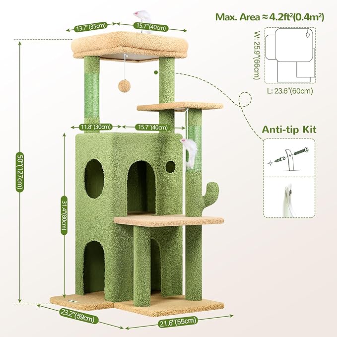 Globlazer Cactus Cat Tree Tower for Indoor Cats, 50-inch Adult Cat Tree House for Large Adult Cats with Steps, Scratching Post, 2 Cat Caves, Dangling Toys, FC50, Green - Image 6