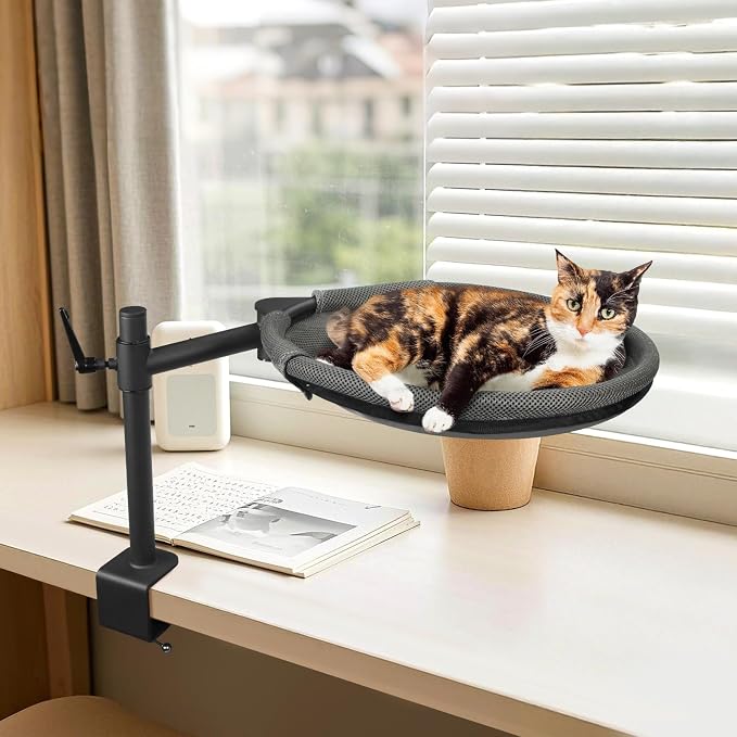 Cat Desk Bed - Sturdy Cat Bed for Desk with 360° Rotating & Adjustable Height, Elevated Cats Nest Perch for Desk, Grey - Image 6