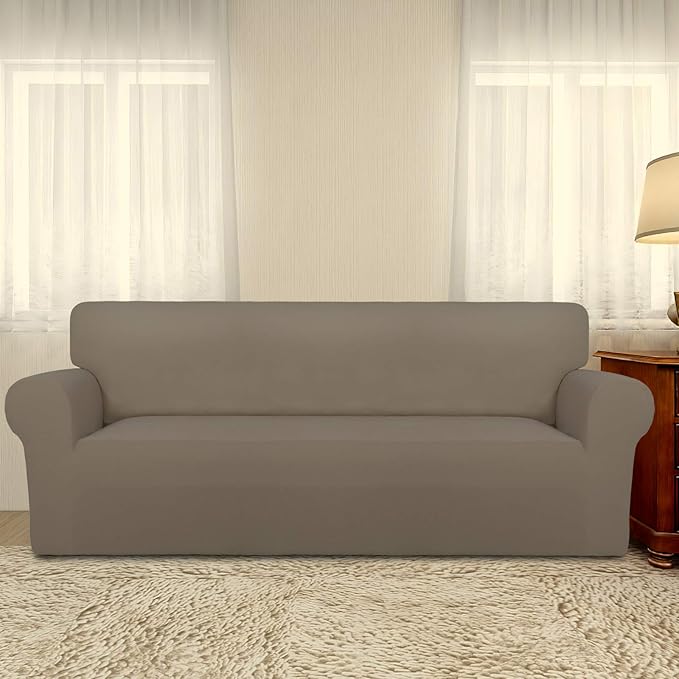 PureFit Stretch Oversized Couch Covers Fleece Sofa Slipcovers Natural | 1-Piece Sofa Cover Washable Soft Couch Protector, Couch Slipcover with Non Skid Foam and Elastic Bottom for Kids, Dogs - Image 2