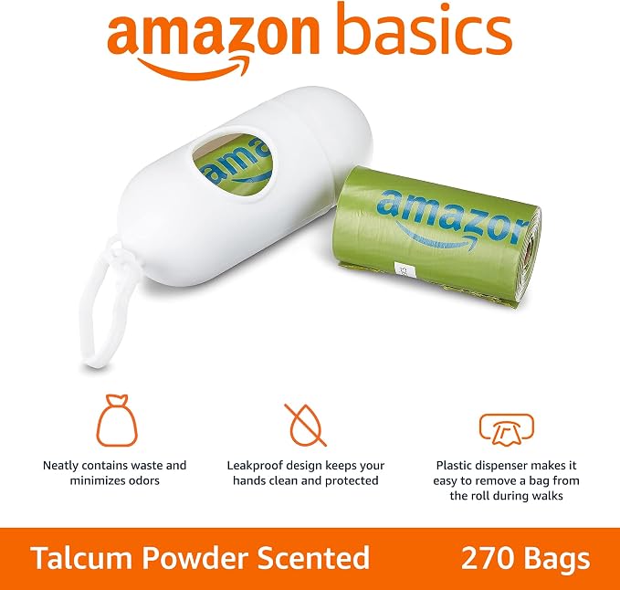 Amazon Basics Premium Leak Proof Dog Poop Bags with Dispenser and Leash Clip, Talcum Powder Scented, 13" x 9", 270 Count (18 Rolls of 15) - Image 2