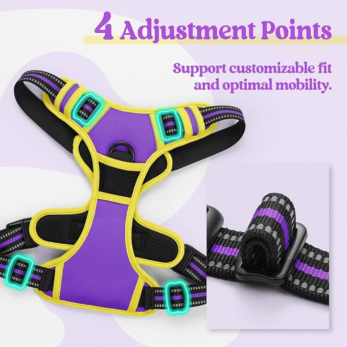 rabbitgoo Dog Harness, No Pull for Small Dogs with 2 Leash Clips, Pet Vest | No Choke with Handle, Adjustable Soft Padded, Reflective, Easy Control for Walking, Purple & Yellow, Small - Image 4