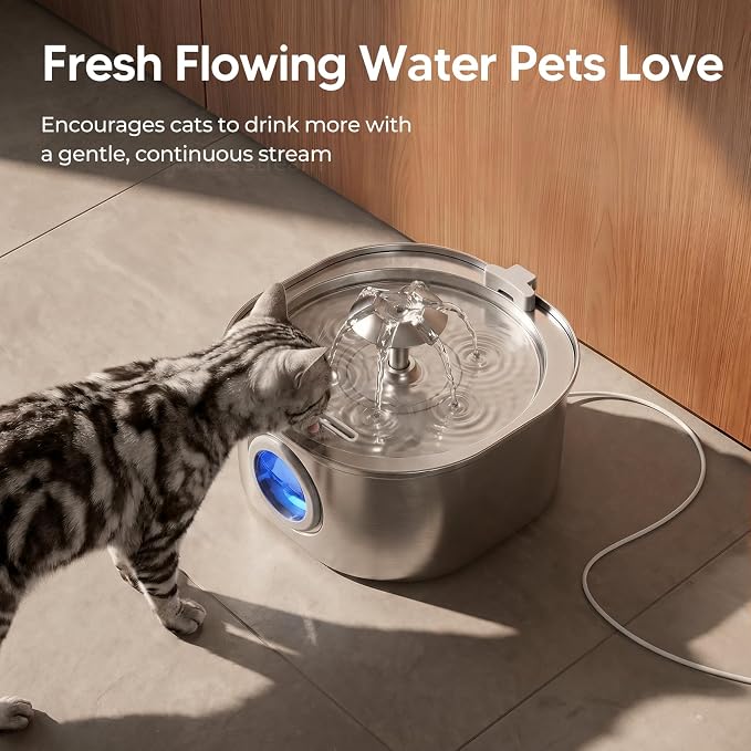 PEKTACO Cat Water Fountain, 3.2L Stainless Steel Pet Fountain, 1 Filter | 108oz capacity, LED water level window, ultra-quiet pump, dishwasher-safe tray, BPA-free, for cats and small dogs - Image 2