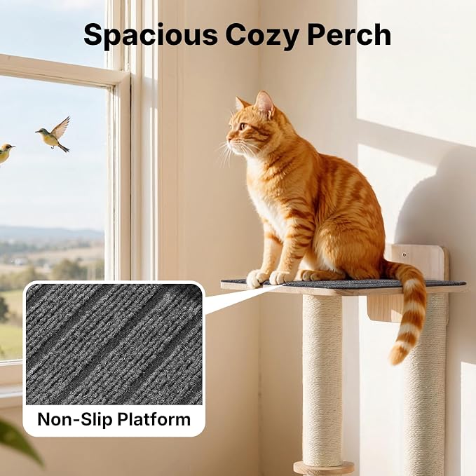 Veehoo Cat Wall Shelves, 57" Cat Wall Climber with Dual Sisal Scratching Posts and Carpeted Perch, Cats Wall Scratcher Furniture for Climb, Play and Rest - Image 3