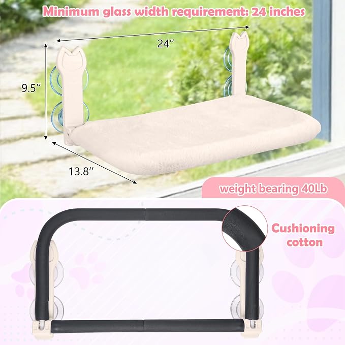 2 Pack Cat Window Perch,Cat Window Hammock Cordless Foldable Window Bed with 4 Large Strong Suction Cup,Reversible Cushion Cover,Metal Frame Easy to Adjust Window Seat Holds up to 40lbs(Beige - Image 2