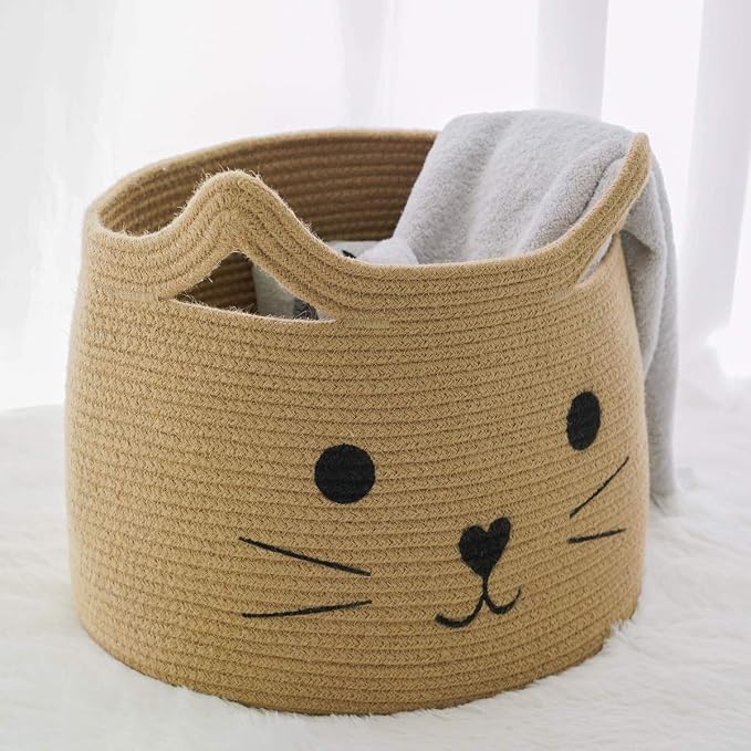 Large Woven Rope Cat Toy Basket with Cat Face Design, Jute | 15.7" x 11.8" Toy Bin & Box for Living Room Nursery, Baby Storage Basket for Towels, Blankets, with Sturdy Handles - Image 4