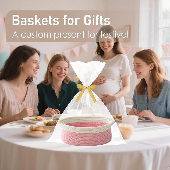 JMvicyroam Small Woven Basket, Empty Gift Basket, White&Pink/3 Pack | Small Gift Basket, Cotton Rope, 12 x 8 x 71 in, Handles, Includes Ribbon and Bag, Birthday Gift Basket - Image 4