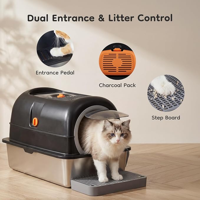 OLIXIS Stainless Steel Litter Box with Lid, Easy Cleaning | Extra Large Enclosed Litter Pan for Big Cats, High Sided Cat Box with Scoop & Mat, Front & Top Entry, Black - Image 3