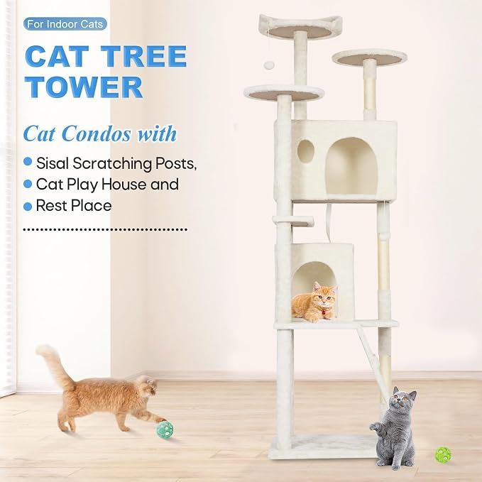FDW | 62" Cat Tree Tower | Beige | Multi-Level Indoor Activity Center with Sisal Scratching Posts, Condos, Plush Perches, Hanging Cat Toys | Sturdy, Easy to Assemble | for Kittens & Adult Cats - Image 3