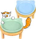 Elevated Ceramic Cat Bowls with Bamboo Stand for Cat Bowl, Whisker Friendly Shallow Cat Plate, Stable Raised Cat Food Riser for Indoor Cats (Green+Blue, Plates with Stands(Set of 2)) by Tafelf