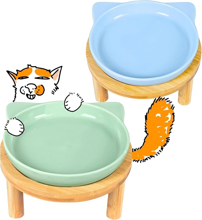 Elevated Ceramic Cat Bowls with Bamboo Stand for Cat Bowl, Whisker Friendly Shallow Cat Plate, Stable Raised Cat Food Riser for Indoor Cats (Green+Blue, Plates with Stands(Set of 2)) by Tafelf