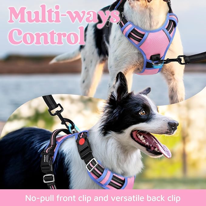 rabbitgoo Dog Harness for Large, No Pull 3 Buckles Easy On & Off | Soft Padded, Walking with Control Handle, Adjustable and Reflective, Light Pink & Blue, Large - Image 3