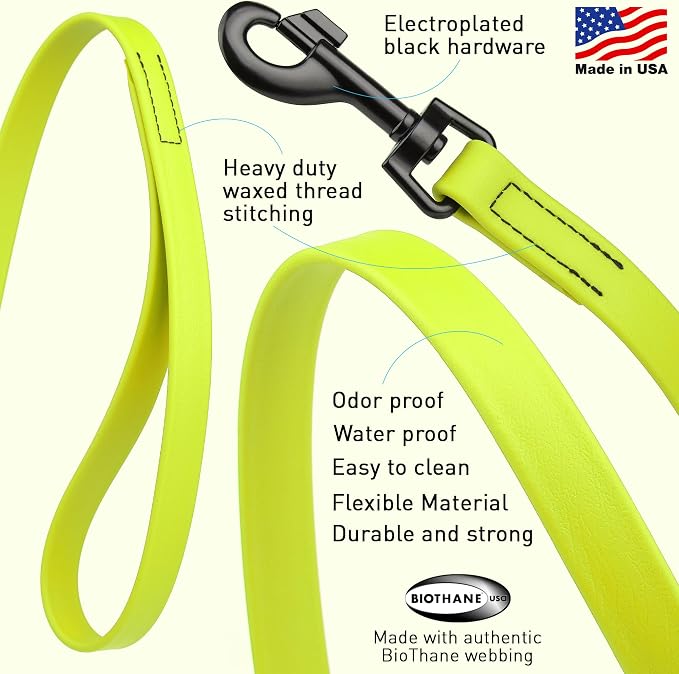 Dogline Biothane Waterproof Dog Leash Strong Coated Nylon Webbing with Black Hardware Odor-Proof Easy to Clean High Performance for Small or Large Dogs Made in USA 4 or 6 ft Lead, Safety Yellow - Image 2